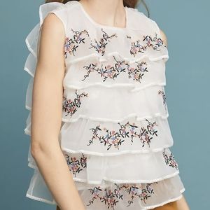Anthropologie White Tiered Embroidered Blouse Size Large Petite Seen Worn Kept